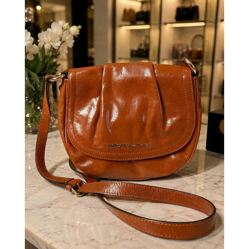 Antonio Melani Cognac Brown Leather Flap Crossbody Bag Purse Gold Hardware